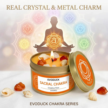 Sacral Chakra candle with real crystal and metal charm, chakra meditation graphic