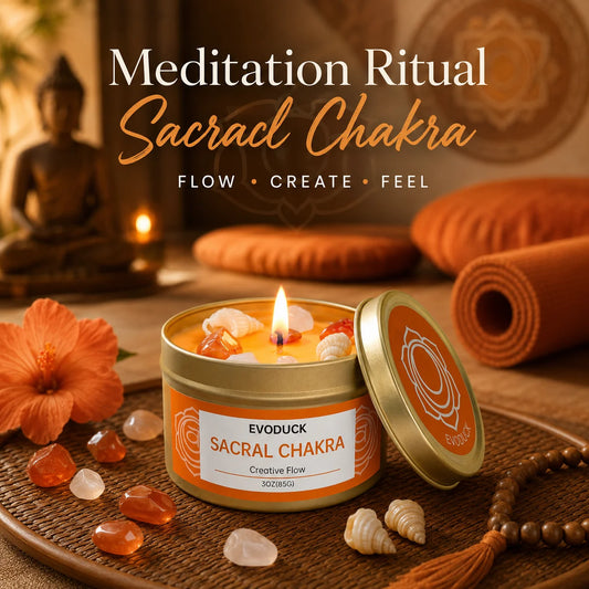 Sacral Chakra sweet orange candle with crystals and hibiscus flower for meditation ritual
