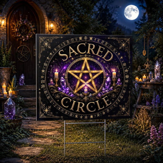 Sacred Circle Gold Pentagram Crystals Wicca Yard Sign - front view