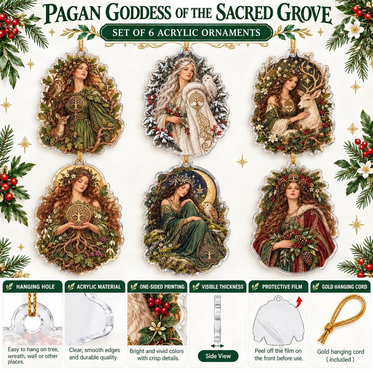 Sacred Grove Goddess Acrylic Ornament Set – Pagan Yule Tree Decor – ornament size and details