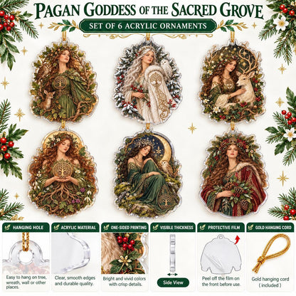 Sacred Grove Goddess Acrylic Ornament Set – Pagan Yule Tree Decor – ornament size and details