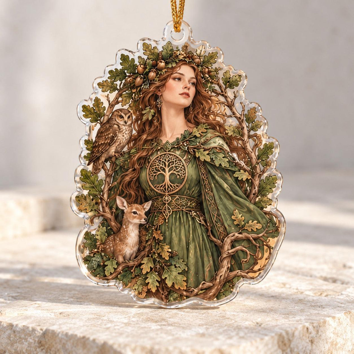 Sacred Grove Goddess Acrylic Ornament Set – Pagan Yule Tree Decor – Owl and Fawn Goddess ornament