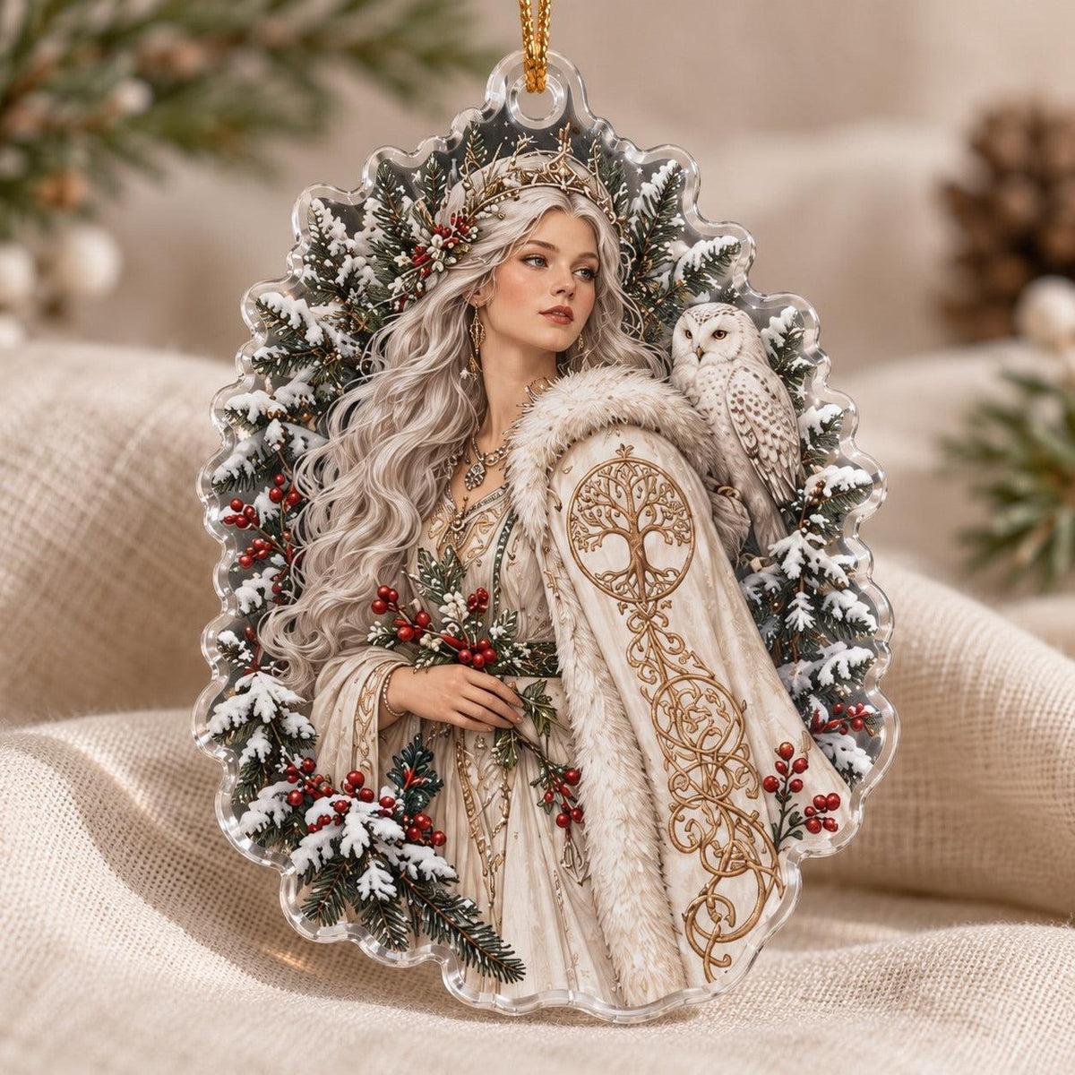 Sacred Grove Goddess Acrylic Ornament Set – Pagan Yule Tree Decor – Snowy Owl Goddess ornament