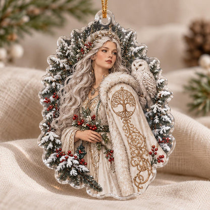 Sacred Grove Goddess Acrylic Ornament Set – Pagan Yule Tree Decor – Snowy Owl Goddess ornament