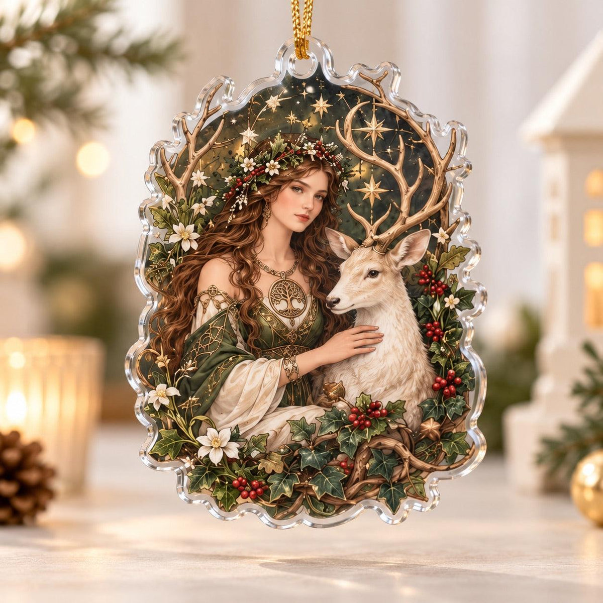 Sacred Grove Goddess Acrylic Ornament Set – Pagan Yule Tree Decor – White Stag Goddess ornament