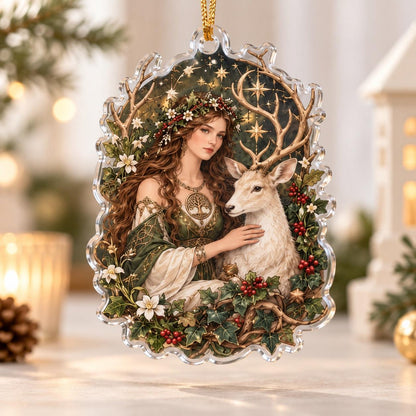 Sacred Grove Goddess Acrylic Ornament Set – Pagan Yule Tree Decor – White Stag Goddess ornament