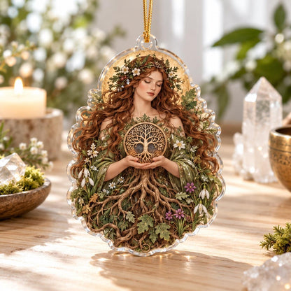 Sacred Grove Goddess Acrylic Ornament Set – Pagan Yule Tree Decor – Tree of Life Keeper ornament