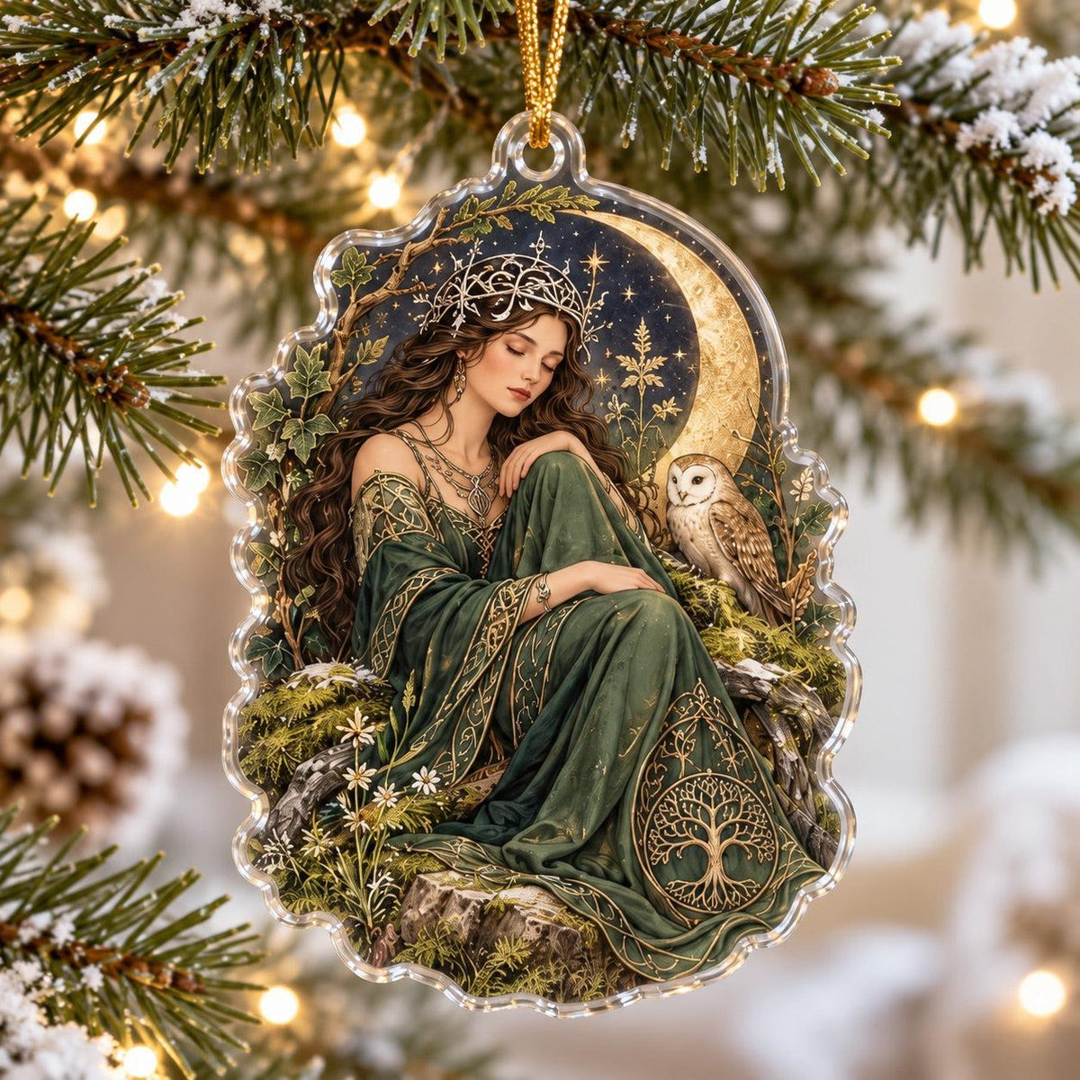 Sacred Grove Goddess Acrylic Ornament Set – Pagan Yule Tree Decor – Crescent Moon Goddess ornament