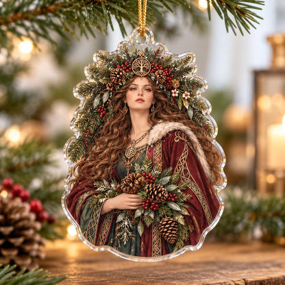 Sacred Grove Goddess Acrylic Ornament Set – Pagan Yule Tree Decor – Holly Crown Goddess ornament