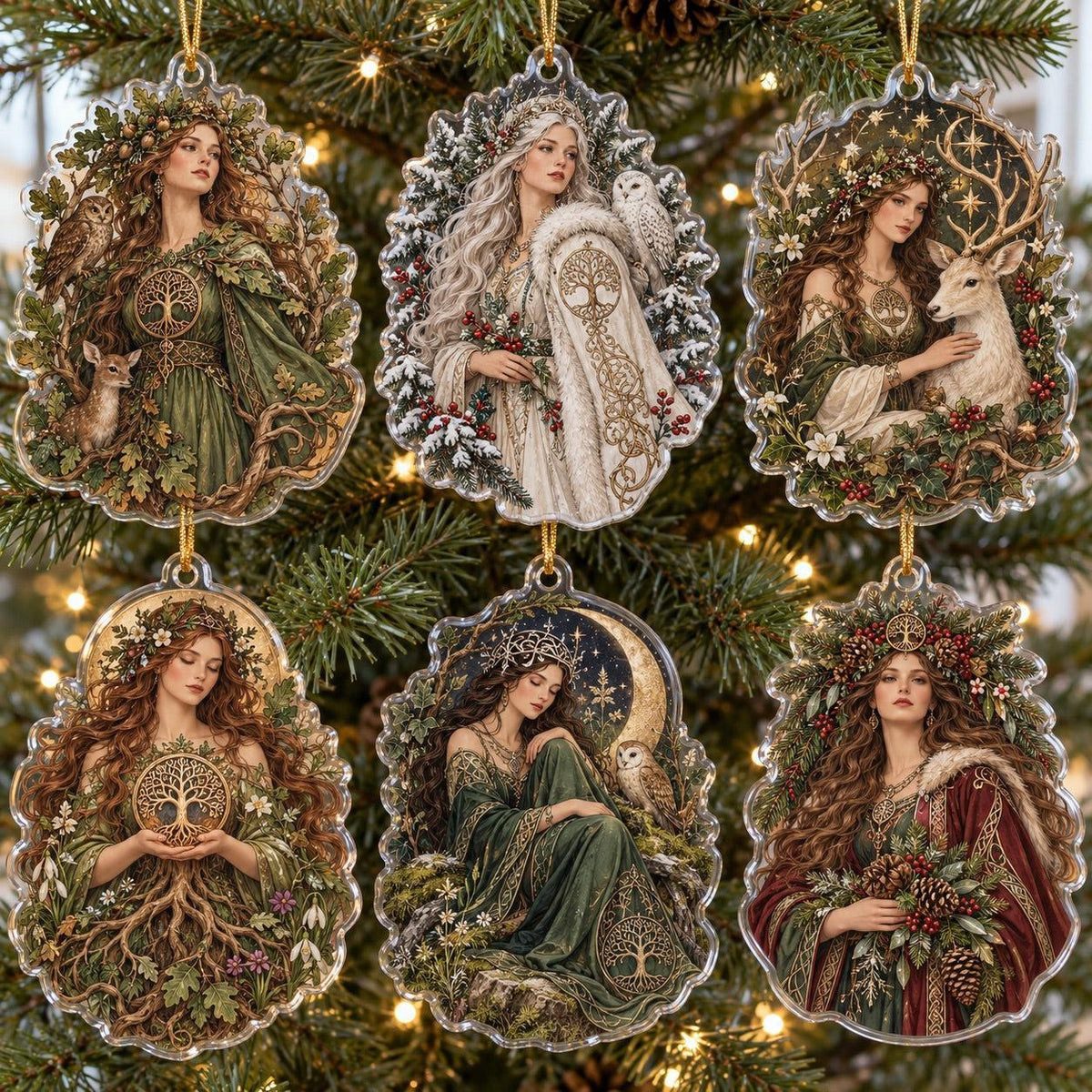 Sacred Grove Goddess Acrylic Ornament Set – Pagan Yule Tree Decor – set of 6 acrylic ornaments
