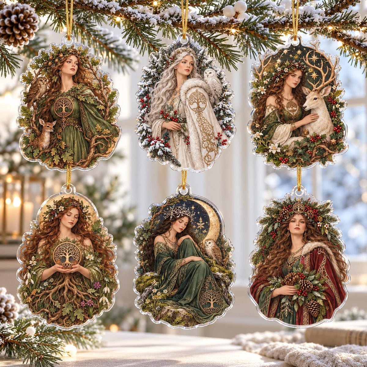 Sacred Grove Goddess Acrylic Ornament Set – Pagan Yule Tree Decor – set of 6, another view