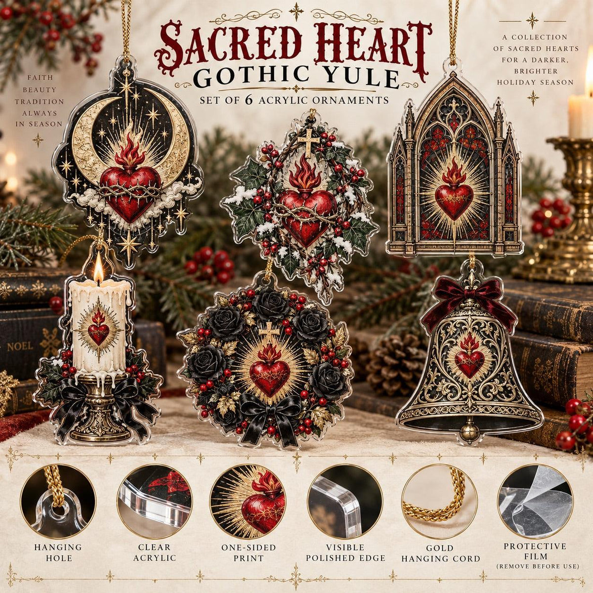Sacred Heart Gothic Acrylic Ornament Set – Dark Christmas Yule Decor – ornament size and details