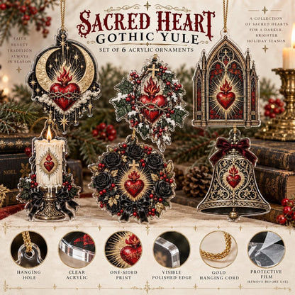 Sacred Heart Gothic Acrylic Ornament Set – Dark Christmas Yule Decor – ornament size and details