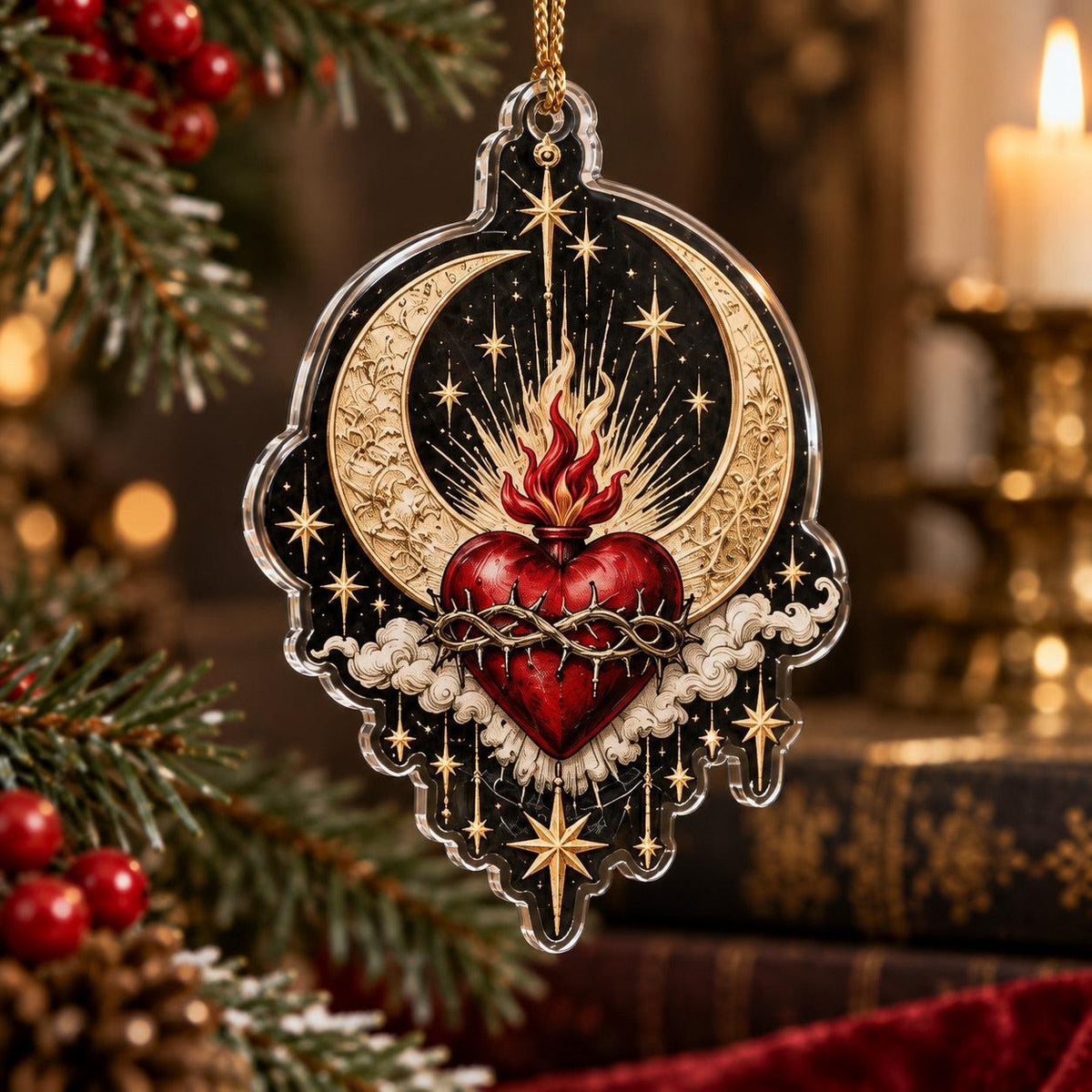 Sacred Heart Gothic Acrylic Ornament Set – Dark Christmas Yule Decor – Crescent Sacred Heart ornament