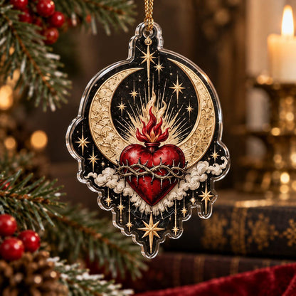 Sacred Heart Gothic Acrylic Ornament Set – Dark Christmas Yule Decor – Crescent Sacred Heart ornament