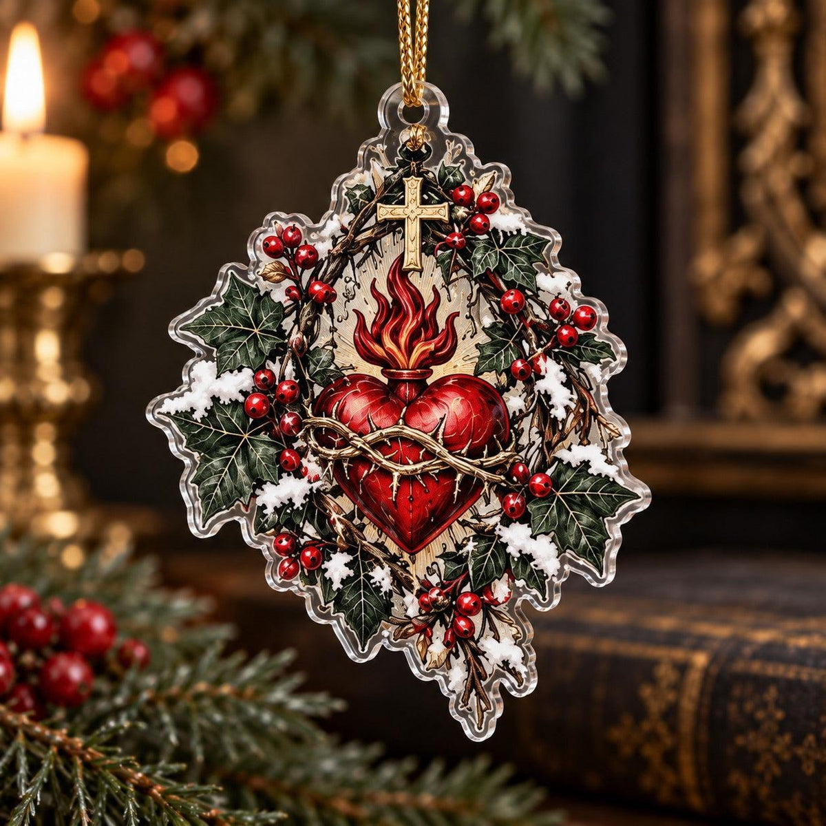 Sacred Heart Gothic Acrylic Ornament Set – Dark Christmas Yule Decor – Holly Cross Heart ornament