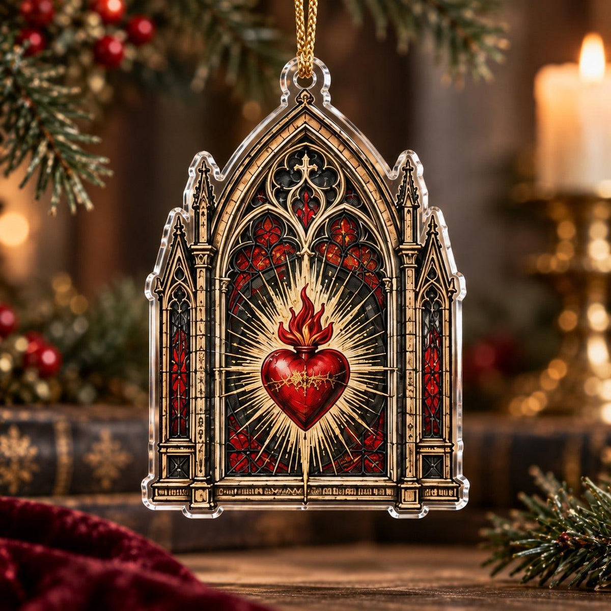 Sacred Heart Gothic Acrylic Ornament Set – Dark Christmas Yule Decor – Gothic Window Heart ornament