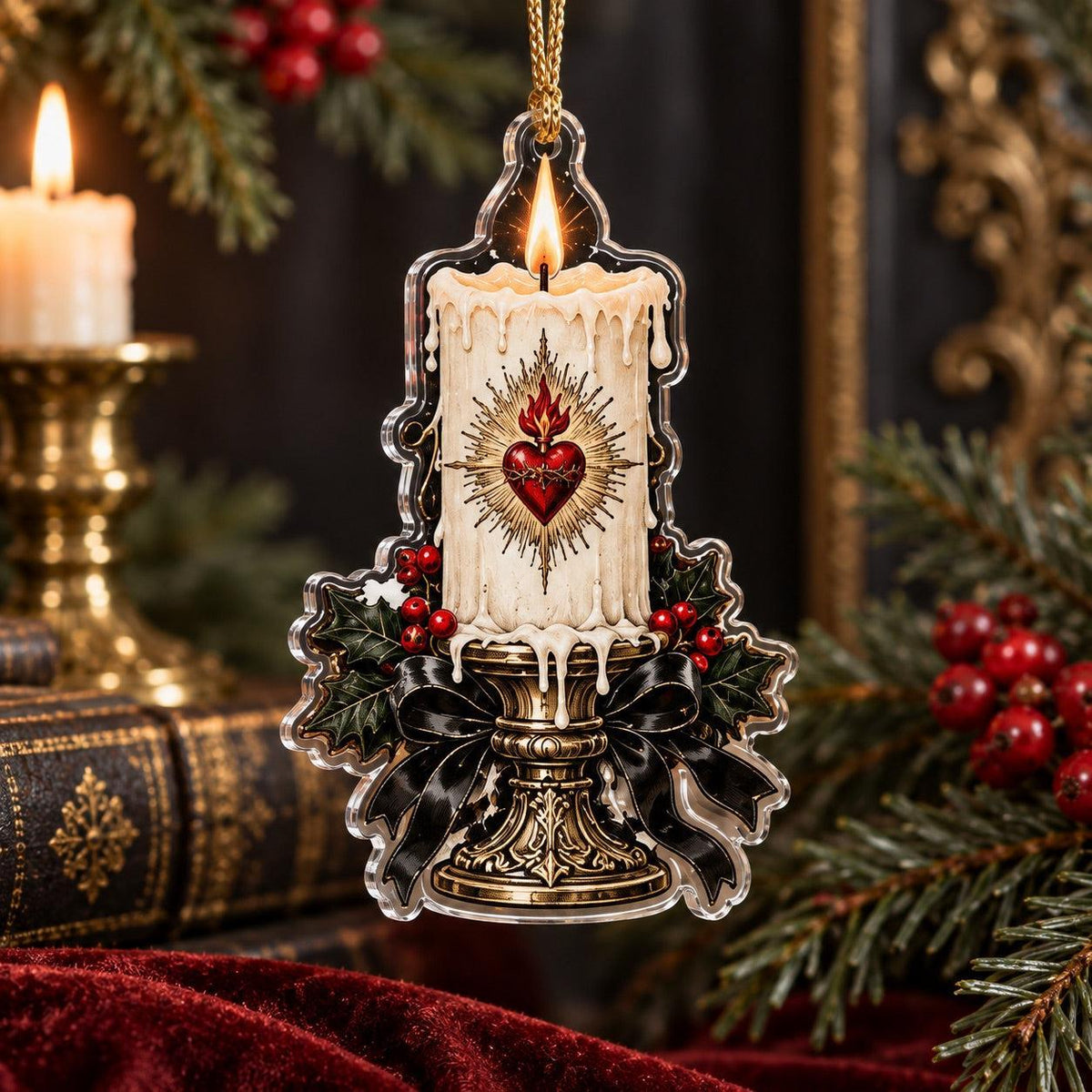 Sacred Heart Gothic Acrylic Ornament Set – Dark Christmas Yule Decor – Candle Sacred Heart ornament