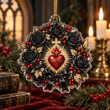 Sacred Heart Gothic Acrylic Ornament Set – Dark Christmas Yule Decor – Black Rose Heart ornament