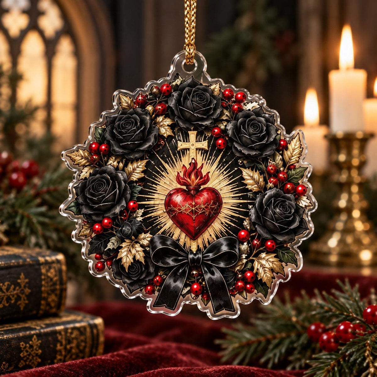 Sacred Heart Gothic Acrylic Ornament Set – Dark Christmas Yule Decor – Black Rose Heart ornament