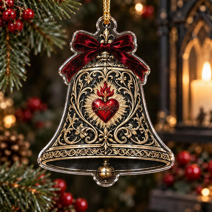 Sacred Heart Gothic Acrylic Ornament Set – Dark Christmas Yule Decor – Bell Sacred Heart ornament