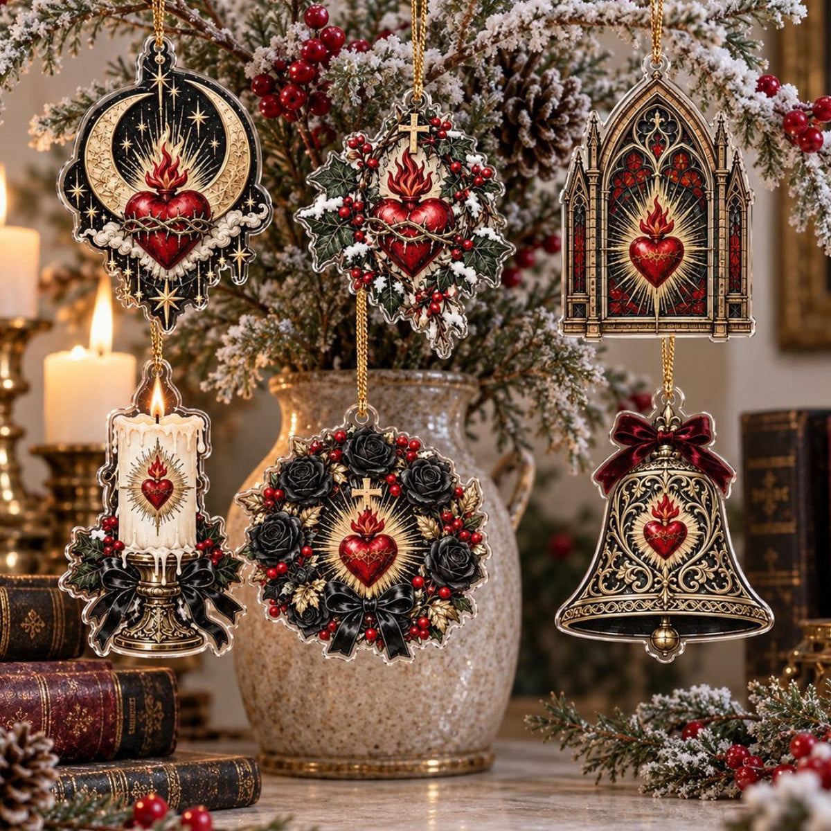 Sacred Heart Gothic Acrylic Ornament Set – Dark Christmas Yule Decor – set of 6, another view