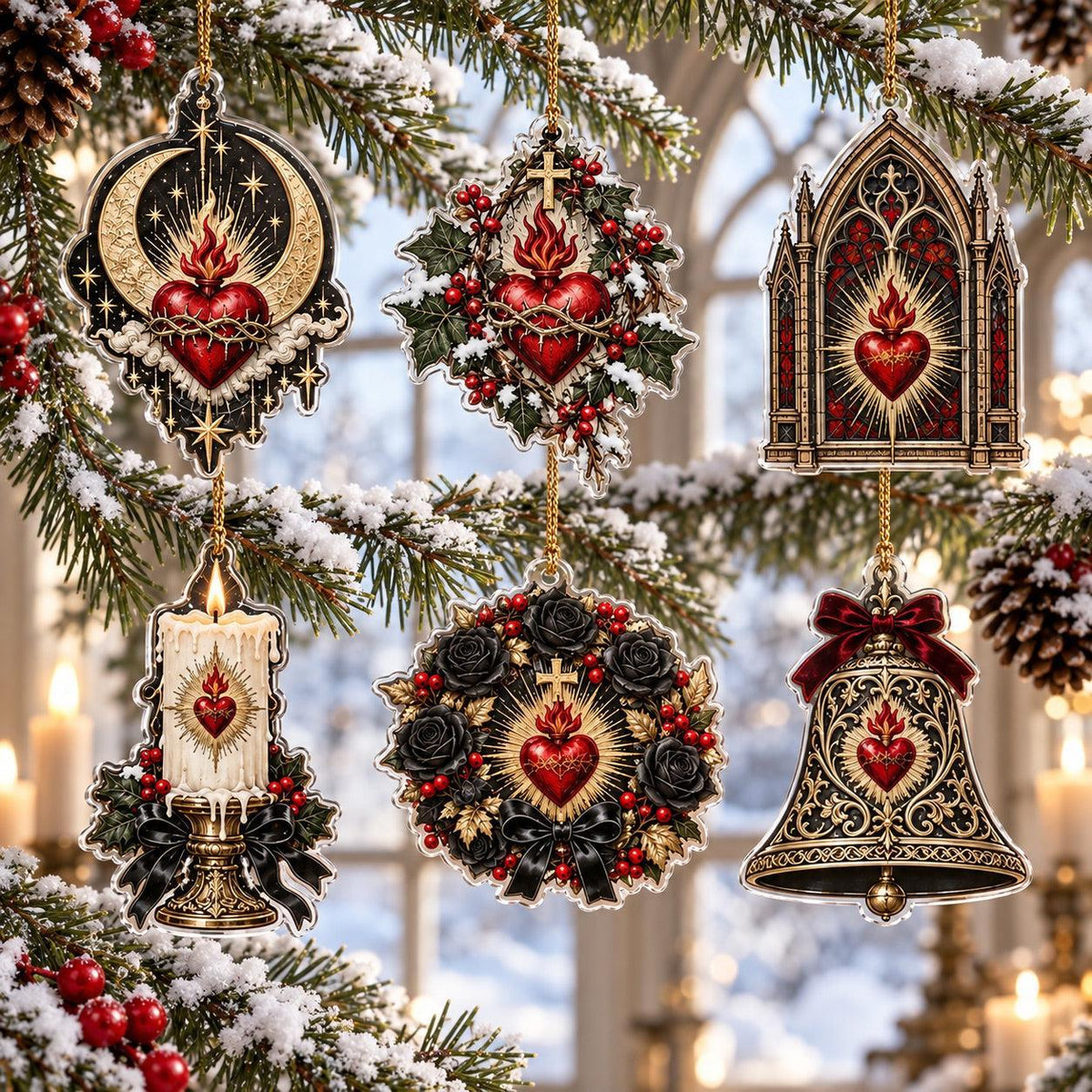 Sacred Heart Gothic Acrylic Ornament Set – Dark Christmas Yule Decor – set of 6 acrylic ornaments