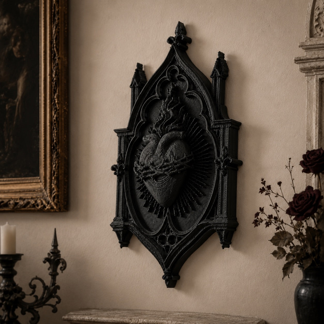 Sacred heart plaque – thorn crown and flame carved detail close-up