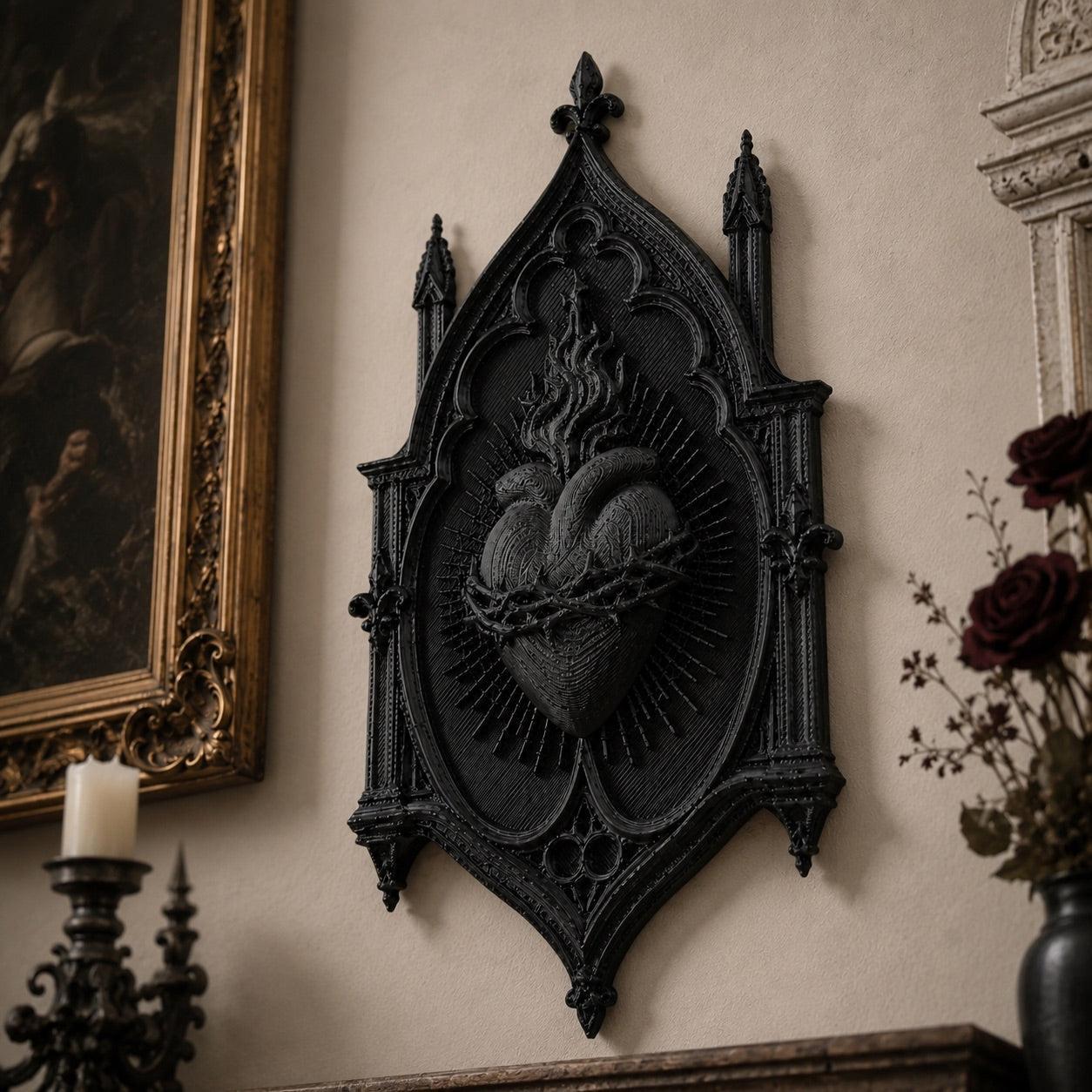 Gothic holy heart relief – church spire wall hanging side view