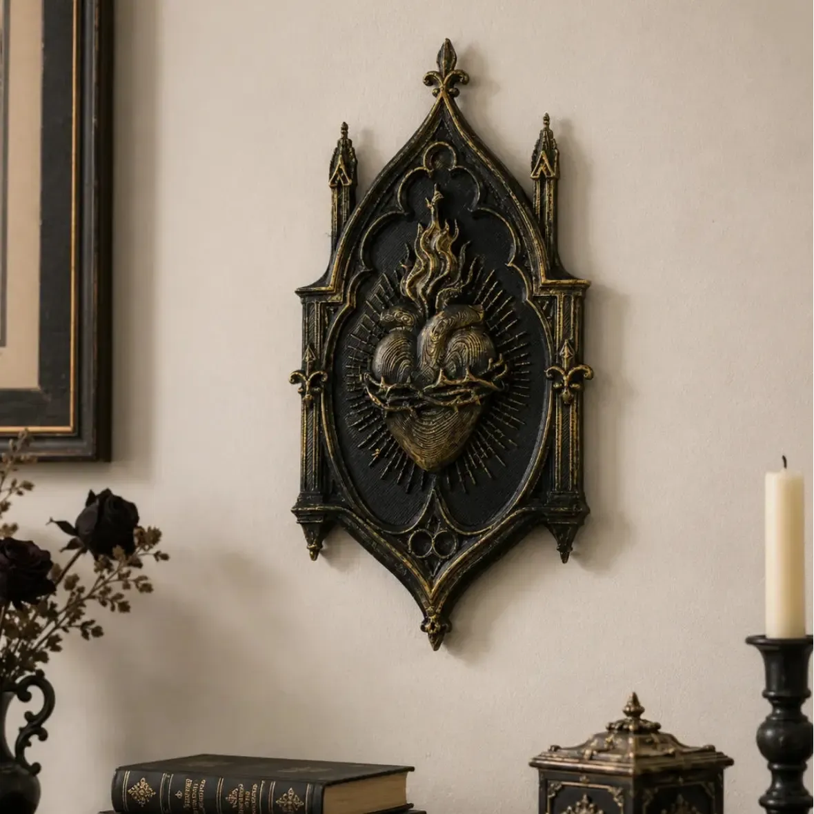 Gothic sacred heart wall hanging – altar wall display detail