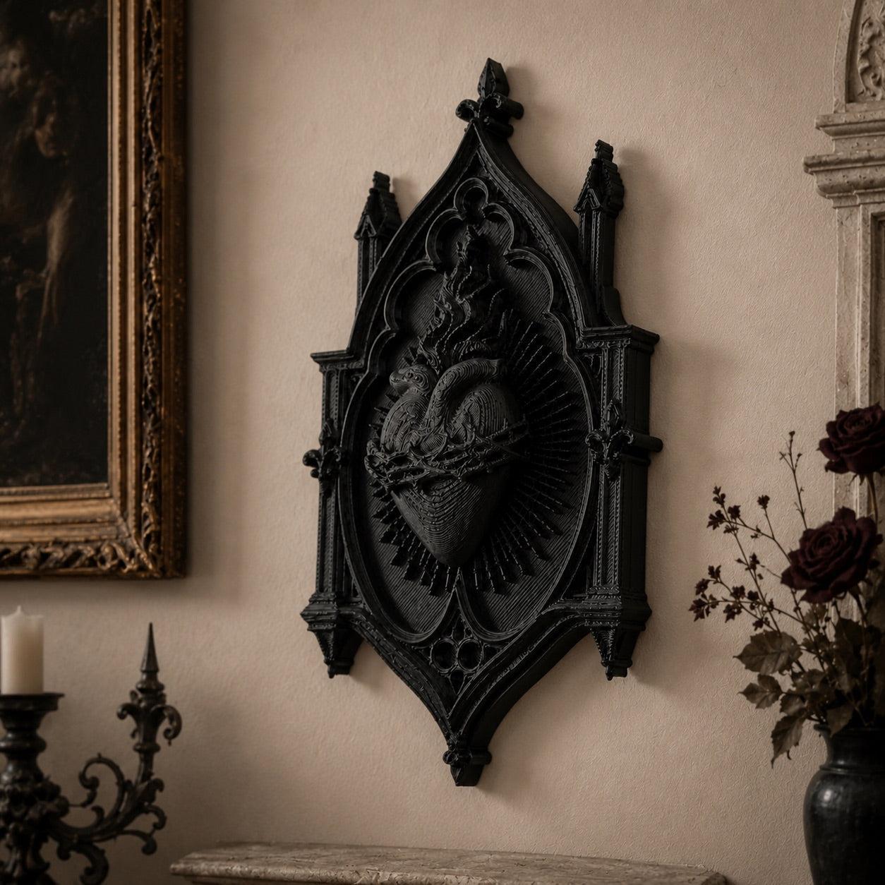 Sacred heart plaque – thorn crown and flame carved detail close-up
