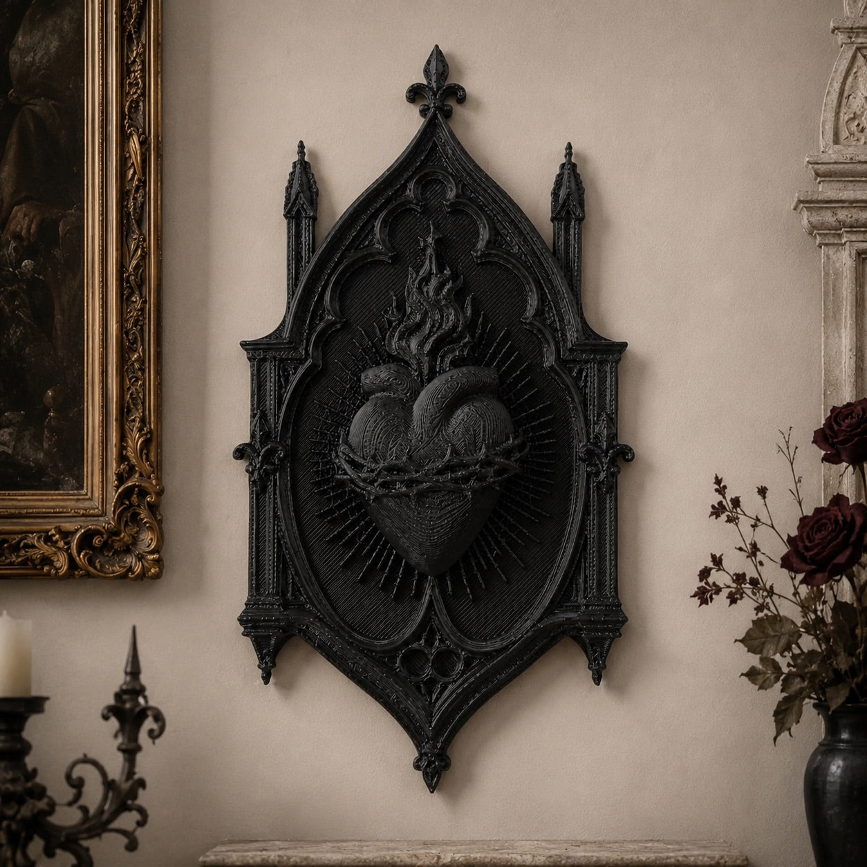 Sacred heart relief wall plaque – gothic church spire thorn flame wall art, front view