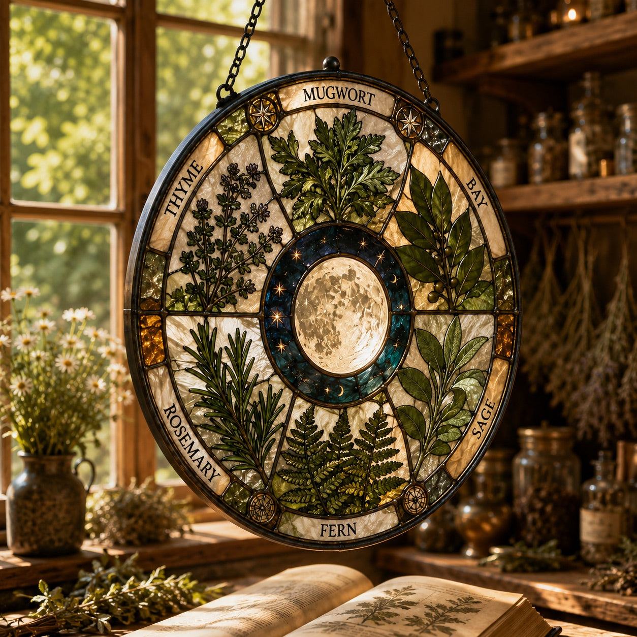 Sacred Herb Moon Circle Glass Suncatcher - hanging view