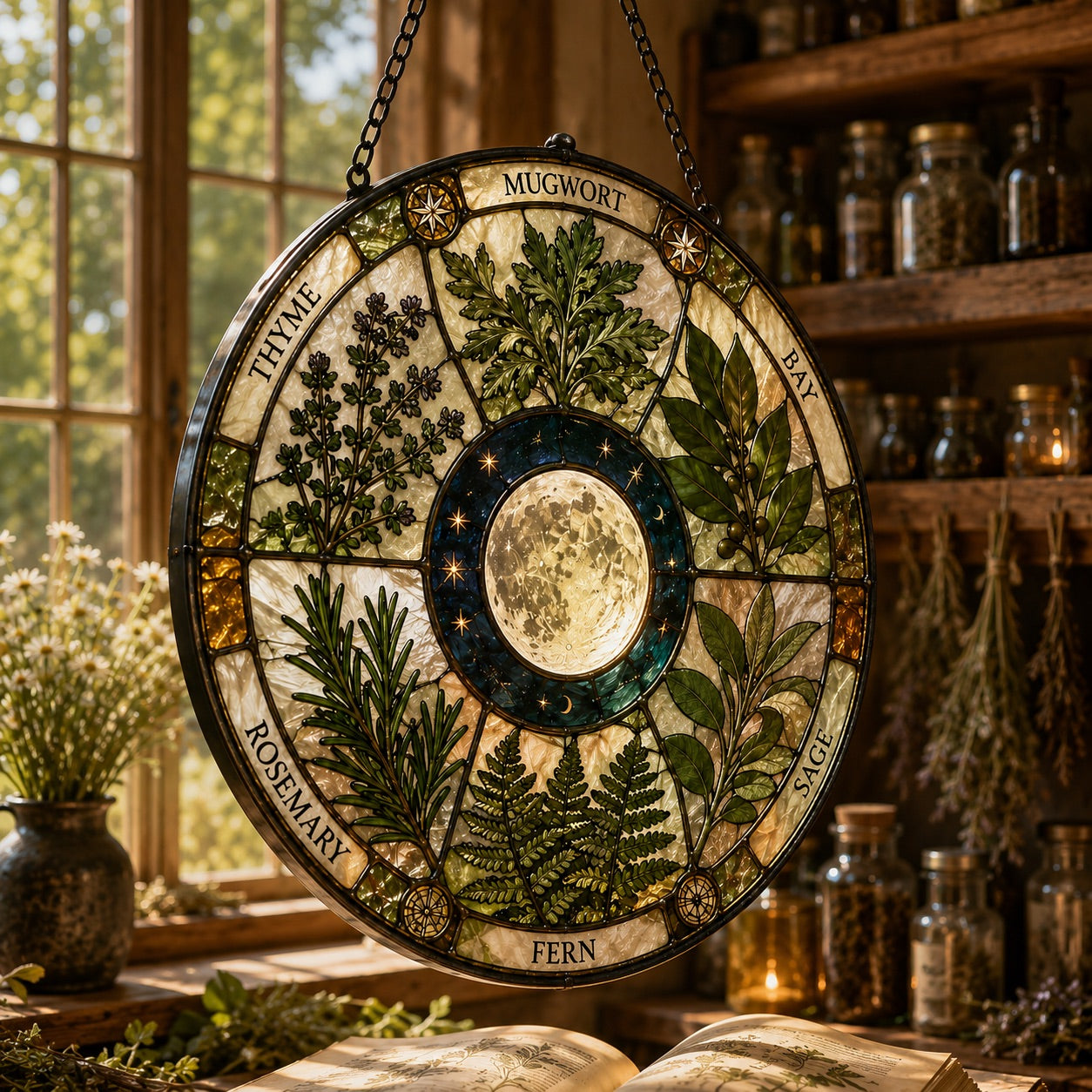 Sacred Herb Moon Circle Glass Suncatcher - close up detail