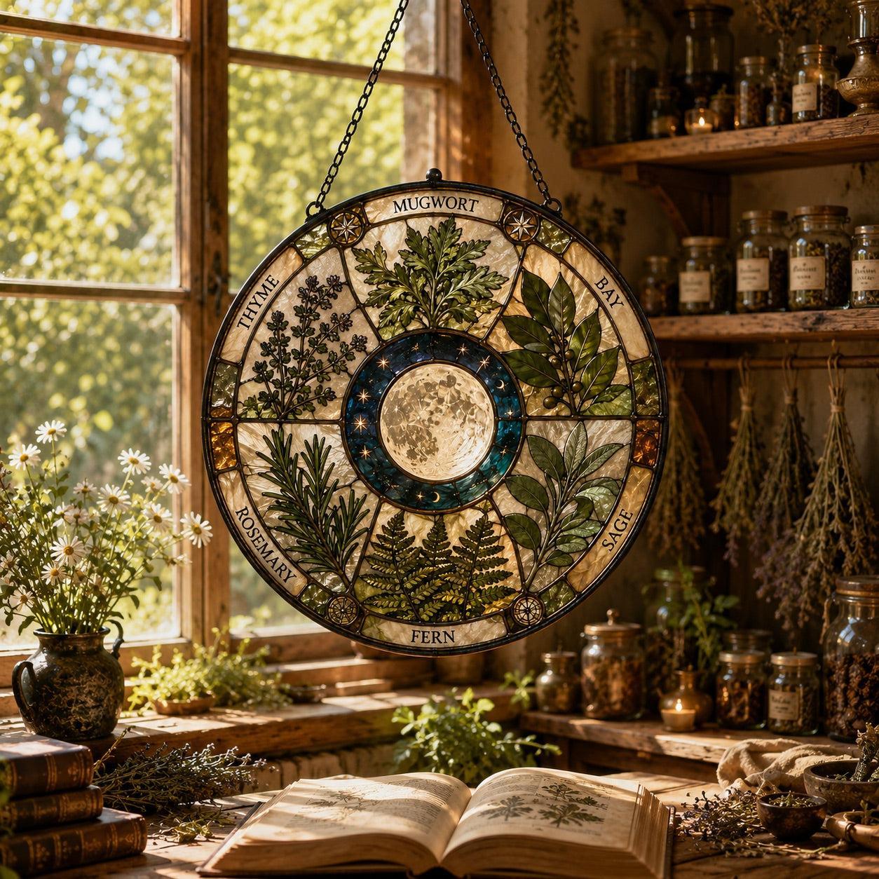 Sacred Herb Moon Circle Glass Suncatcher - sunlight glow