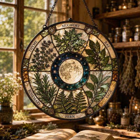 Sacred Herb Moon Circle Glass Suncatcher - window display