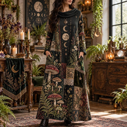 Sacred Mushroom Moon Witchy Cowl Neck Dress – Forest Patchwork Maxi – worn, front view