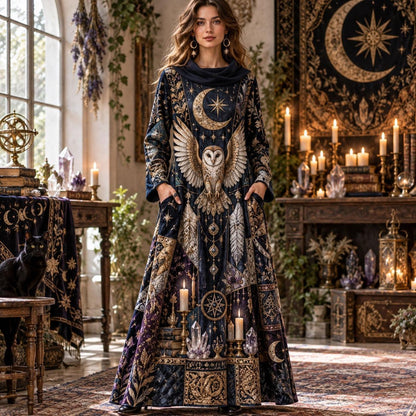 Sacred Owl Moon Celestial Cowl Neck Dress – Witchy Gothic Altar Maxi – worn, front view