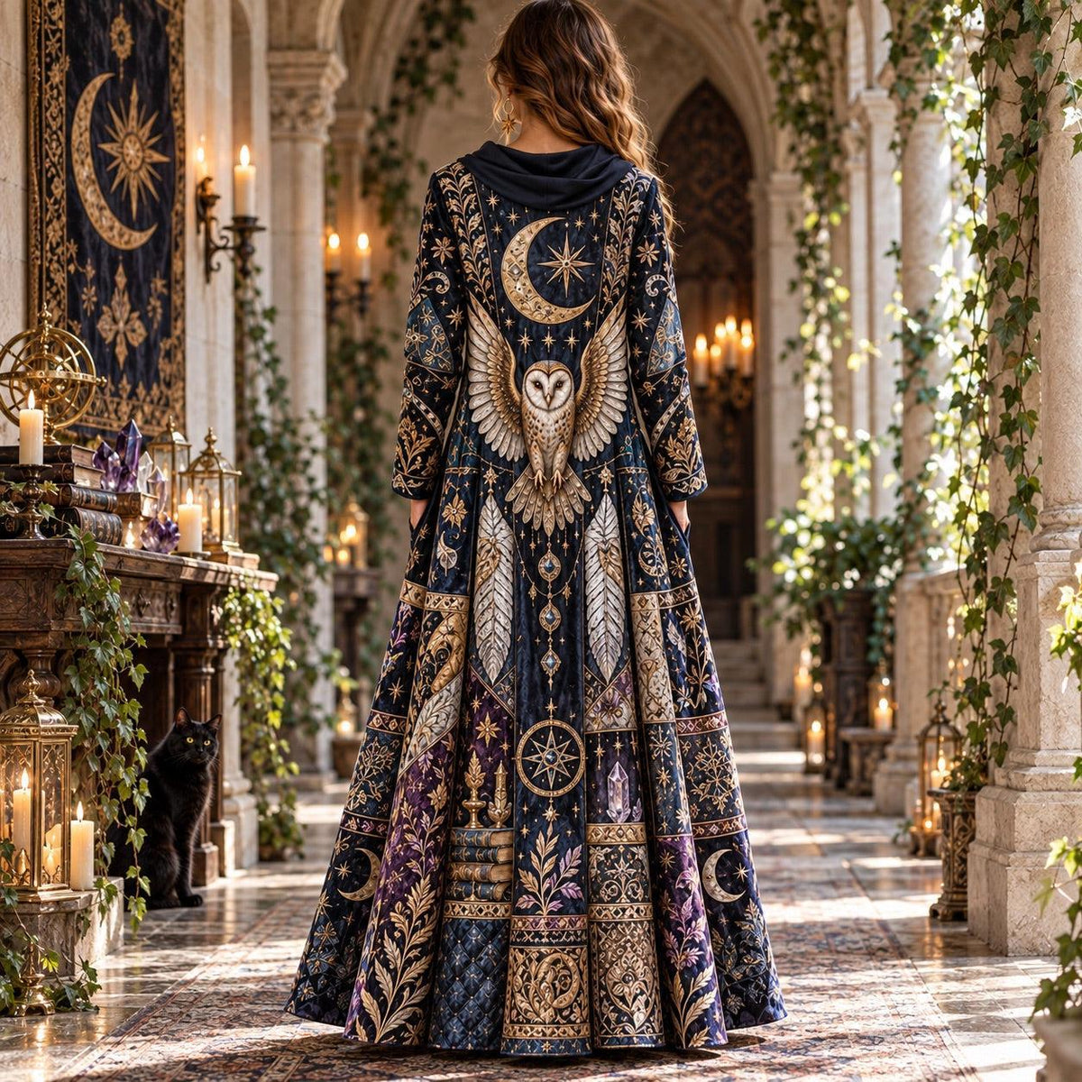 Sacred Owl Moon Celestial Cowl Neck Dress – Witchy Gothic Altar Maxi – worn, back view