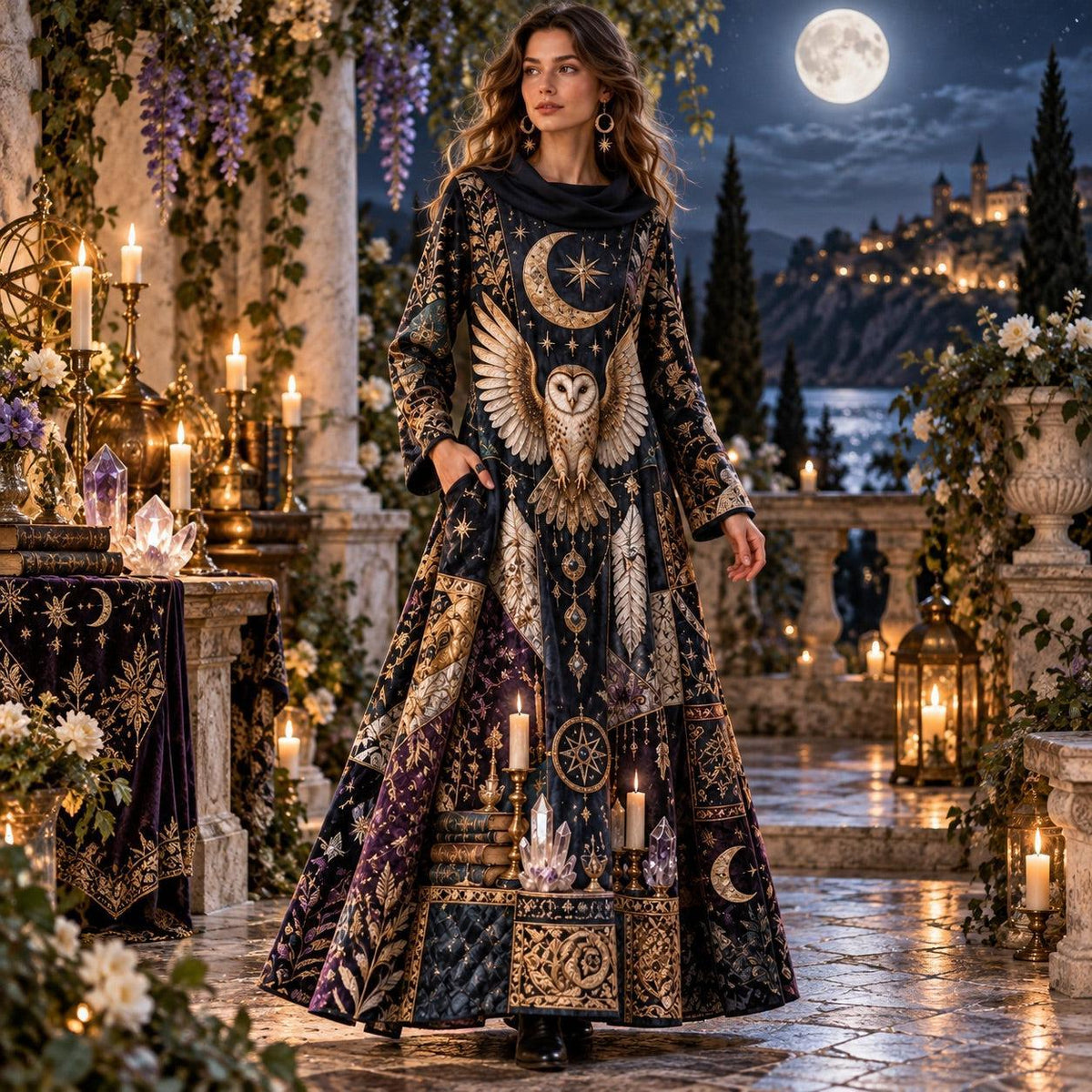 Sacred Owl Moon Celestial Cowl Neck Dress – Witchy Gothic Altar Maxi – worn, in motion