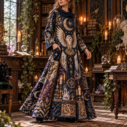 Sacred Owl Moon Celestial Cowl Neck Dress – Witchy Gothic Altar Maxi – worn, three quarter view