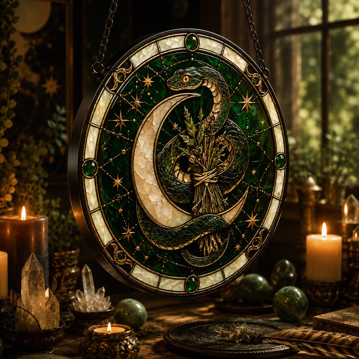 Sacred Serpent Crescent Moon Glass Suncatcher - hanging view