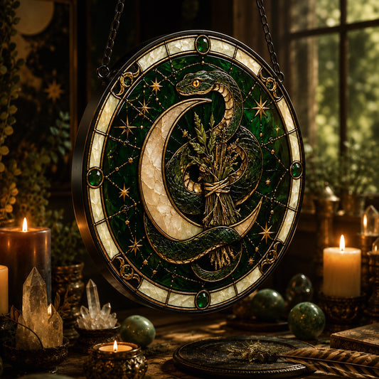 Sacred Serpent Crescent Moon Glass Suncatcher - hanging view