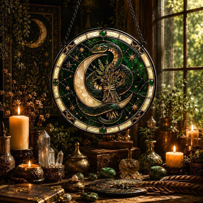 Sacred Serpent Crescent Moon Glass Suncatcher - sunlight glow
