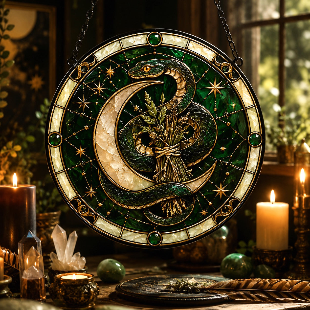 Sacred Serpent Crescent Moon Glass Suncatcher - window display
