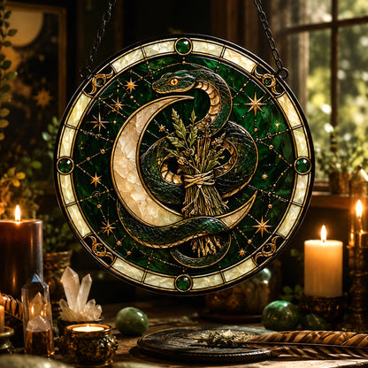 Sacred Serpent Crescent Moon Glass Suncatcher - window display
