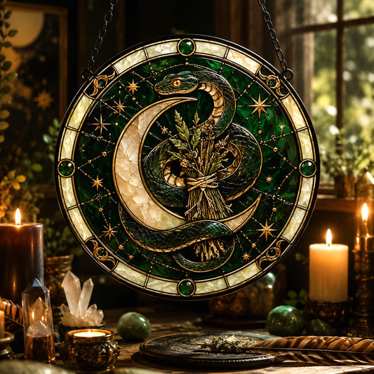Sacred Serpent Crescent Moon Glass Suncatcher - window display