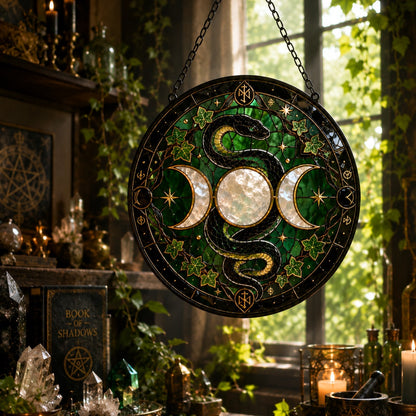 Sacred Serpent Triple Moon Glass Suncatcher - sunlight glow