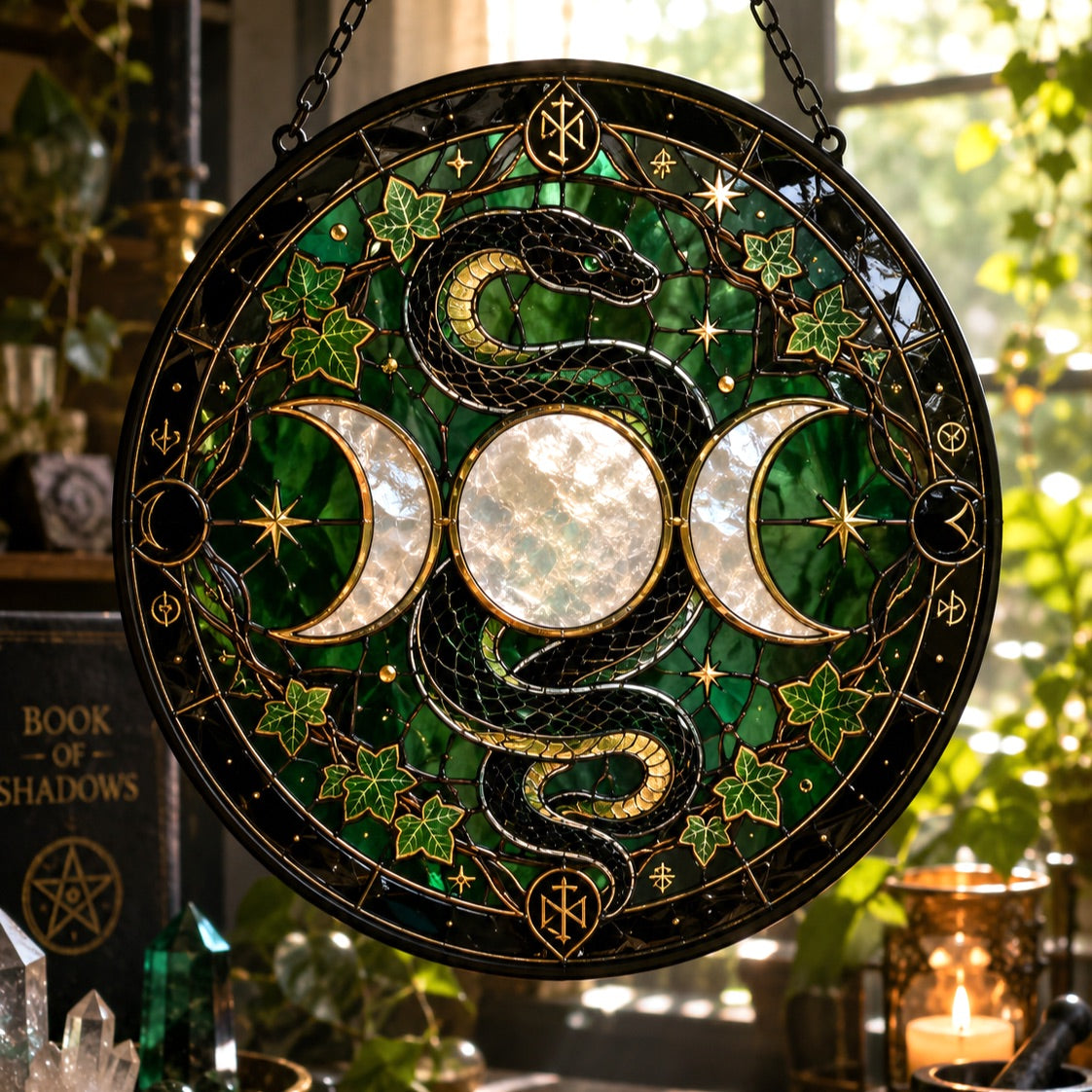 Sacred Serpent Triple Moon Glass Suncatcher - window display