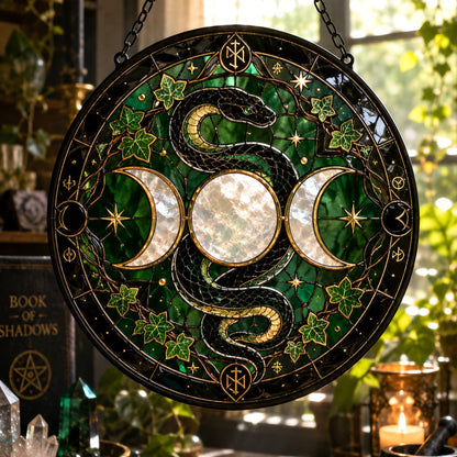 Sacred Serpent Triple Moon Glass Suncatcher - window display